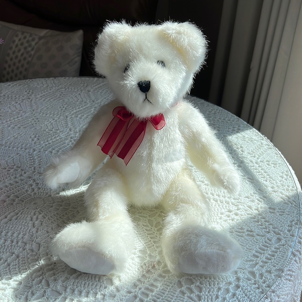 Burton - Plush White Furry Teddy Bear with Red Bow